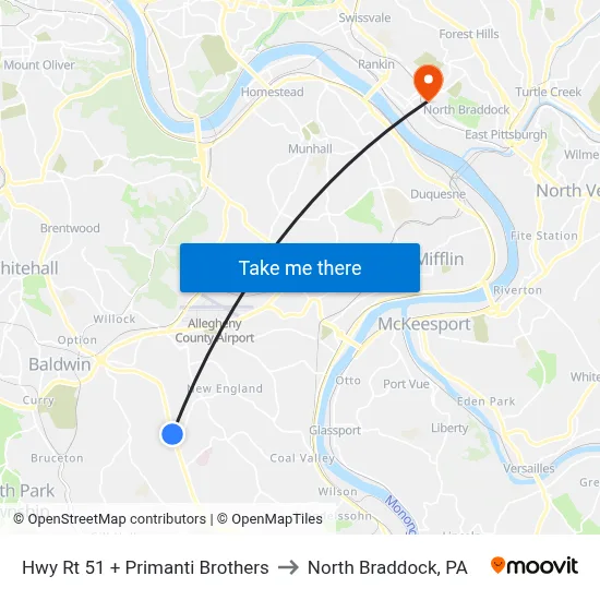 Hwy Rt 51 + Primanti Brothers to North Braddock, PA map