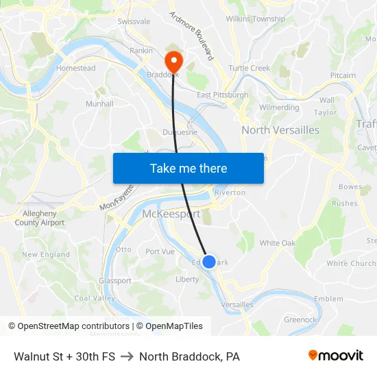 Walnut St + 30th FS to North Braddock, PA map