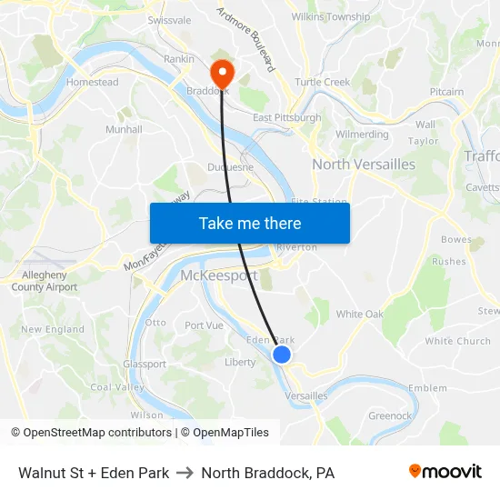 Walnut St + Eden Park to North Braddock, PA map