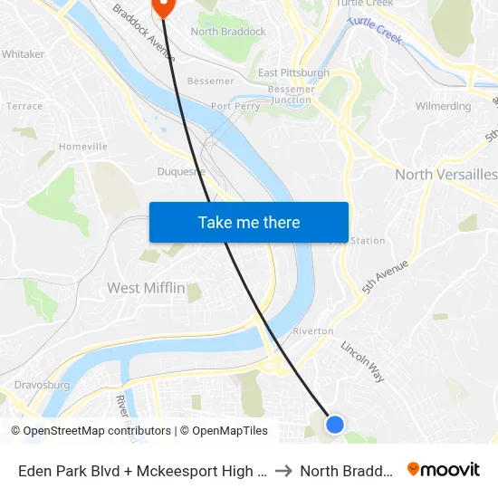 Eden Park Blvd + Mckeesport High School Drvwy to North Braddock, PA map