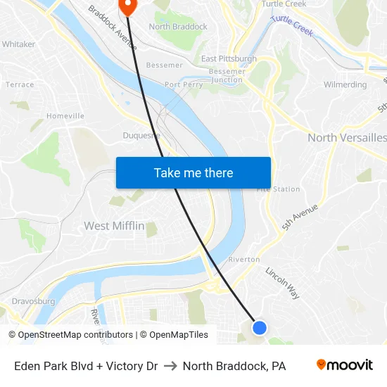 Eden Park Blvd + Victory Dr to North Braddock, PA map