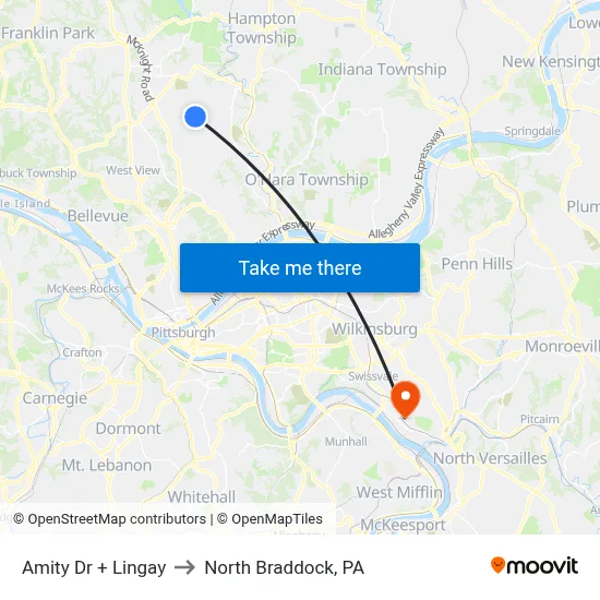 Amity Dr + Lingay to North Braddock, PA map