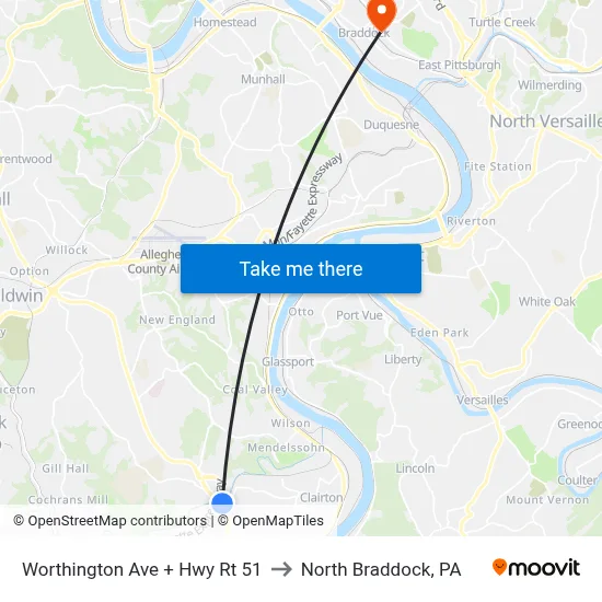 Worthington Ave + Hwy Rt 51 to North Braddock, PA map