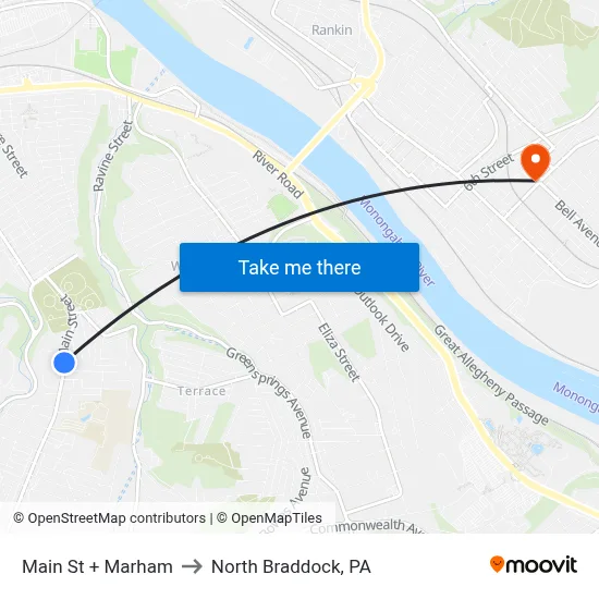 Main St + Marham to North Braddock, PA map