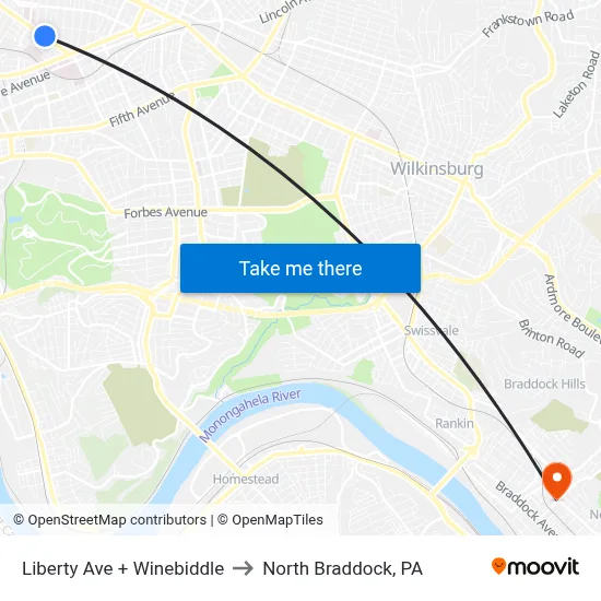 Liberty Ave + Winebiddle to North Braddock, PA map