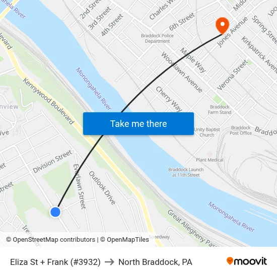 Eliza St + Frank (#3932) to North Braddock, PA map