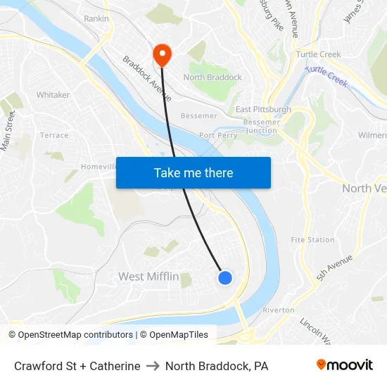 Crawford St + Catherine to North Braddock, PA map
