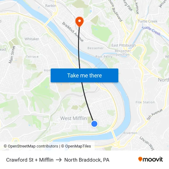 Crawford St + Mifflin to North Braddock, PA map