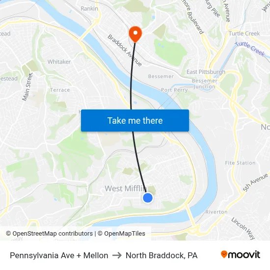 Pennsylvania Ave + Mellon to North Braddock, PA map