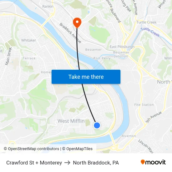 Crawford St + Monterey to North Braddock, PA map