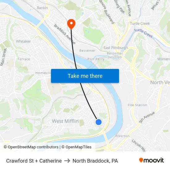 Crawford St + Catherine to North Braddock, PA map