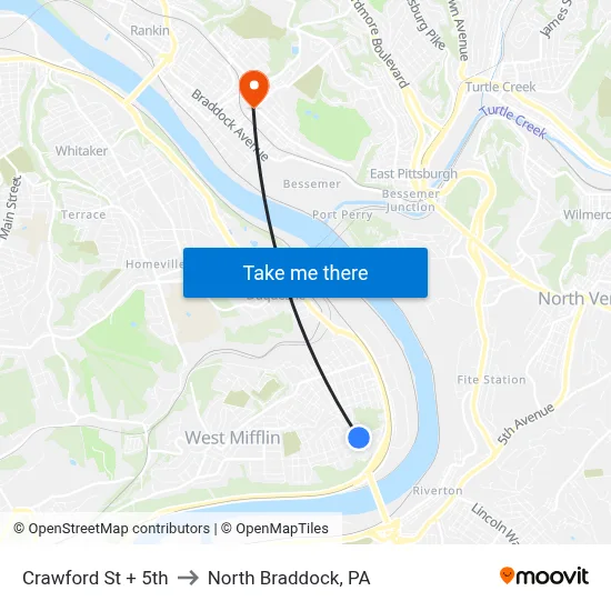 Crawford St + 5th to North Braddock, PA map