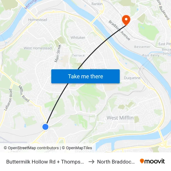 Buttermilk Hollow Rd + Thompson Run to North Braddock, PA map