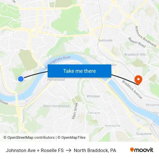 Johnston Ave + Roselle FS to North Braddock, PA map