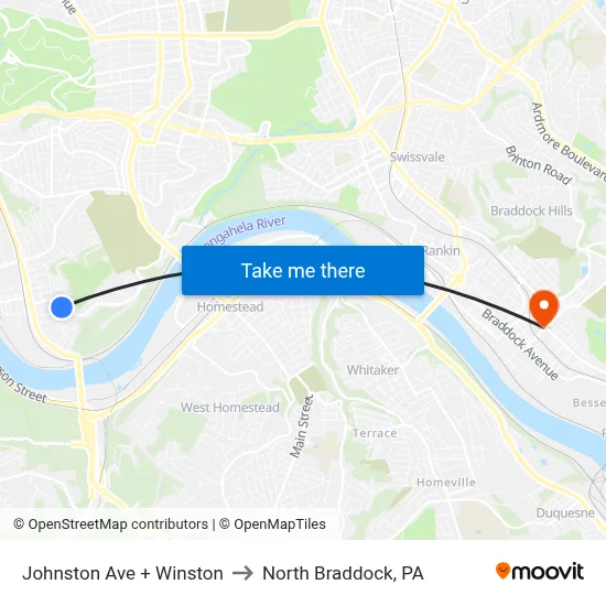 Johnston Ave + Winston to North Braddock, PA map