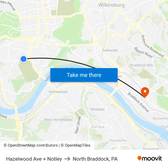 Hazelwood Ave + Notley to North Braddock, PA map