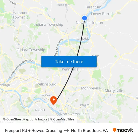 Freeport Rd + Rowes Crossing to North Braddock, PA map