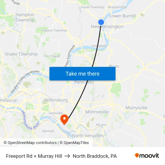 Freeport Rd + Murray Hill to North Braddock, PA map