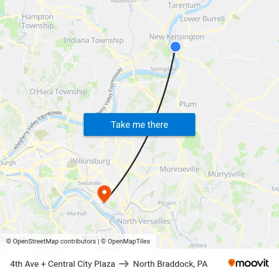 4th Ave + Central City Plaza to North Braddock, PA map