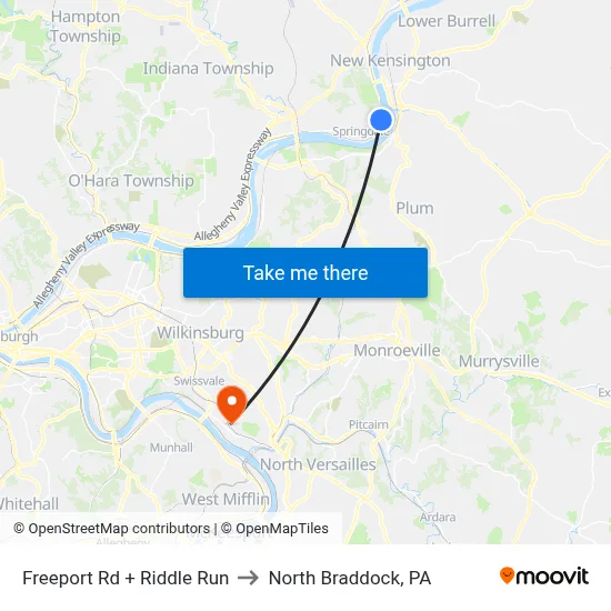 Freeport Rd + Riddle Run to North Braddock, PA map