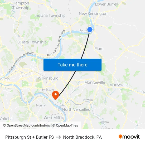 Pittsburgh St + Butler FS to North Braddock, PA map
