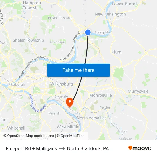 Freeport Rd + Mulligans to North Braddock, PA map