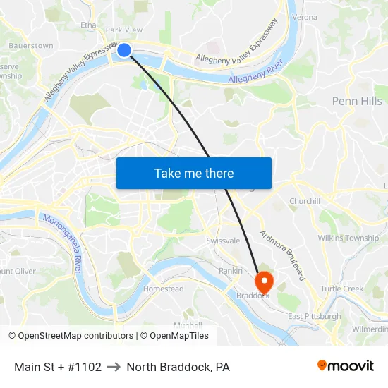 Main St + #1102 to North Braddock, PA map