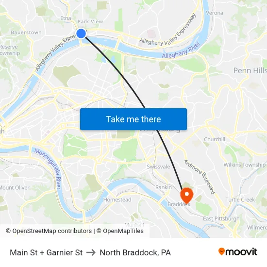 Main St + Garnier St to North Braddock, PA map
