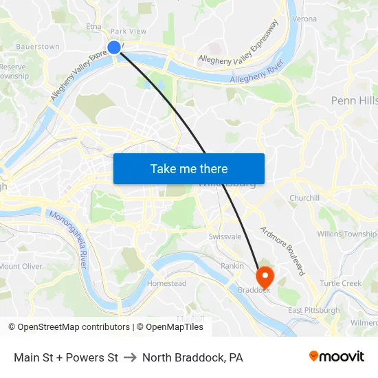 Main St + Powers St to North Braddock, PA map