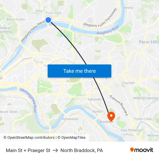 Main St + Praeger St to North Braddock, PA map