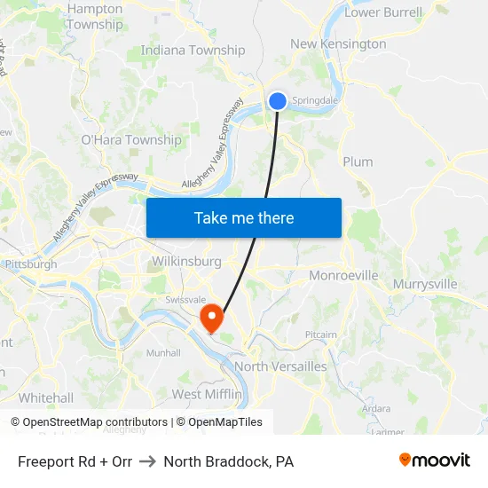 Freeport Rd + Orr to North Braddock, PA map