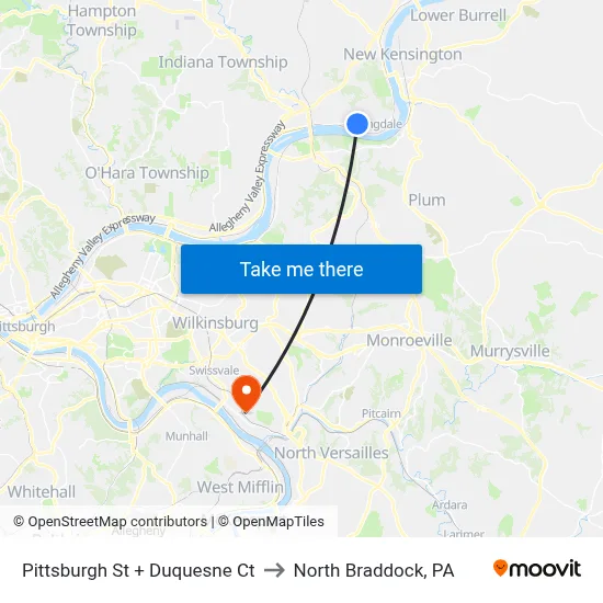 Pittsburgh St + Duquesne Ct to North Braddock, PA map