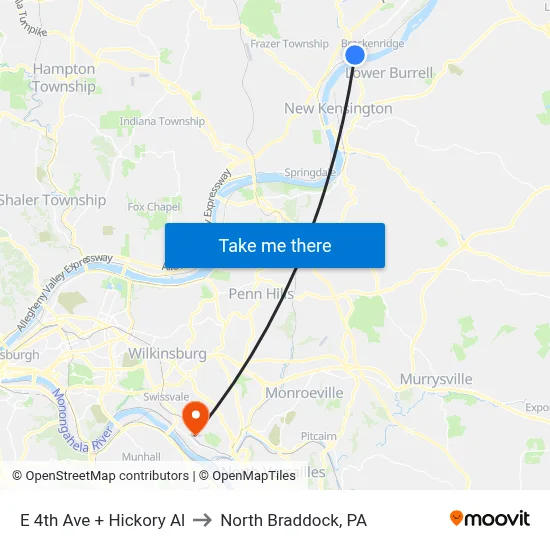 E 4th Ave + Hickory Al to North Braddock, PA map