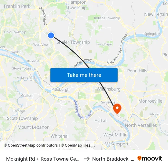 Mcknight Rd + Ross Towne Center to North Braddock, PA map