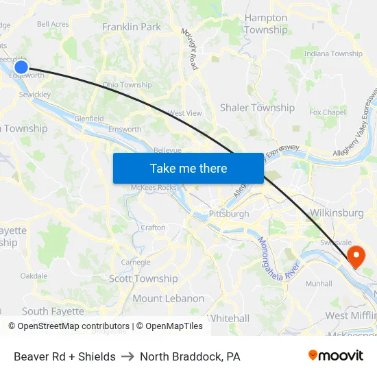 Beaver Rd + Shields to North Braddock, PA map