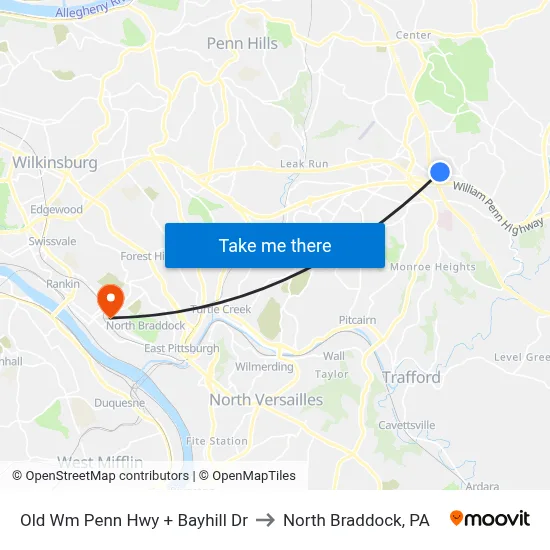 Old Wm Penn Hwy + Bayhill Dr to North Braddock, PA map