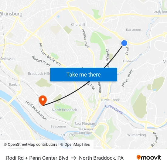 Rodi Rd + Penn Center Blvd to North Braddock, PA map
