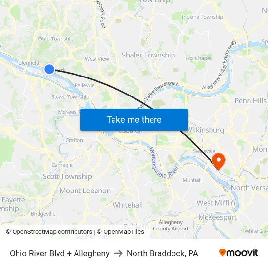 Ohio River Blvd + Allegheny to North Braddock, PA map