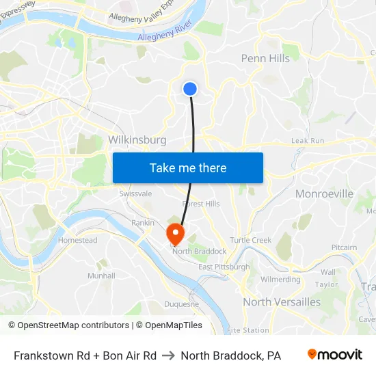 Frankstown Rd + Bon Air Rd to North Braddock, PA map