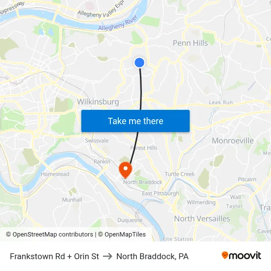 Frankstown Rd + Orin St to North Braddock, PA map