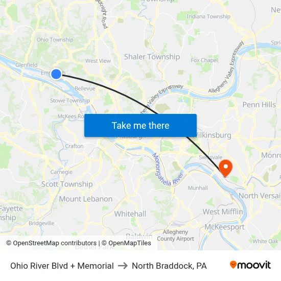 Ohio River Blvd + Memorial to North Braddock, PA map