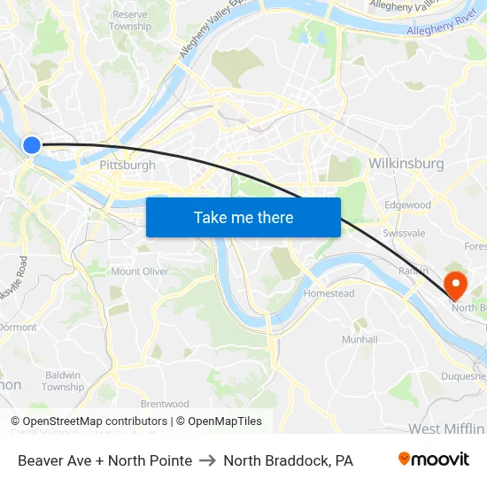 Beaver Ave + North Pointe to North Braddock, PA map