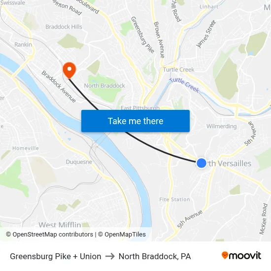 Greensburg Pike + Union to North Braddock, PA map