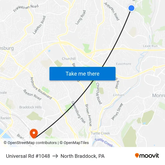 Universal Rd #1048 to North Braddock, PA map