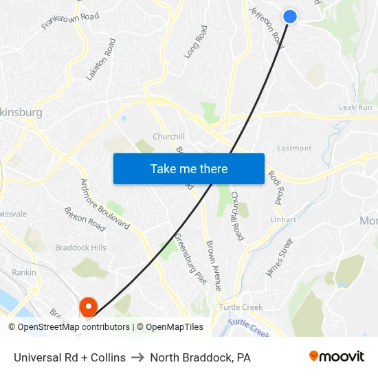 Universal Rd + Collins to North Braddock, PA map