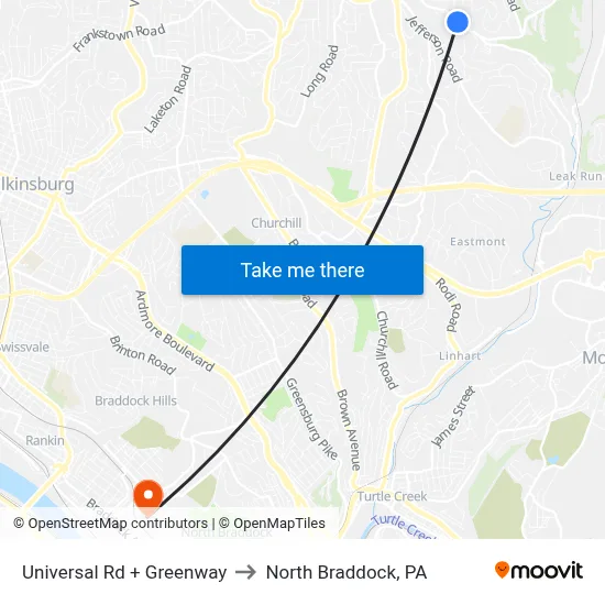Universal Rd + Greenway to North Braddock, PA map
