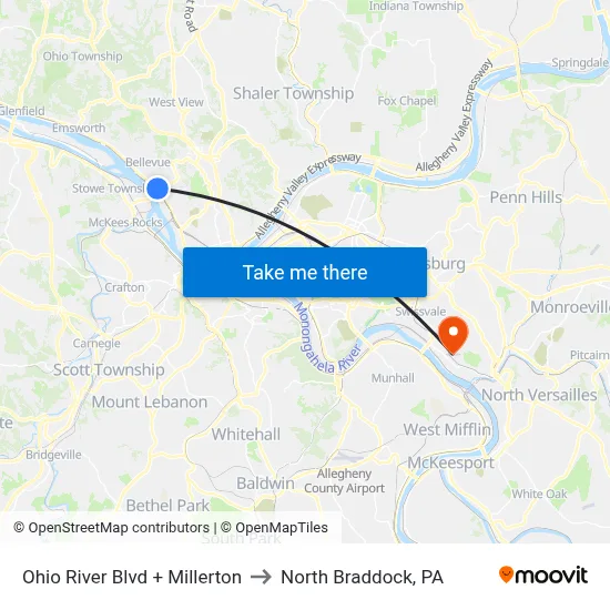 Ohio River Blvd + Millerton to North Braddock, PA map