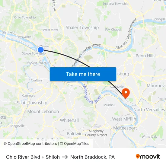 Ohio River Blvd + Shiloh to North Braddock, PA map