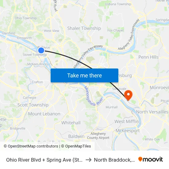 Ohio River Blvd + Spring Ave (Steps) to North Braddock, PA map