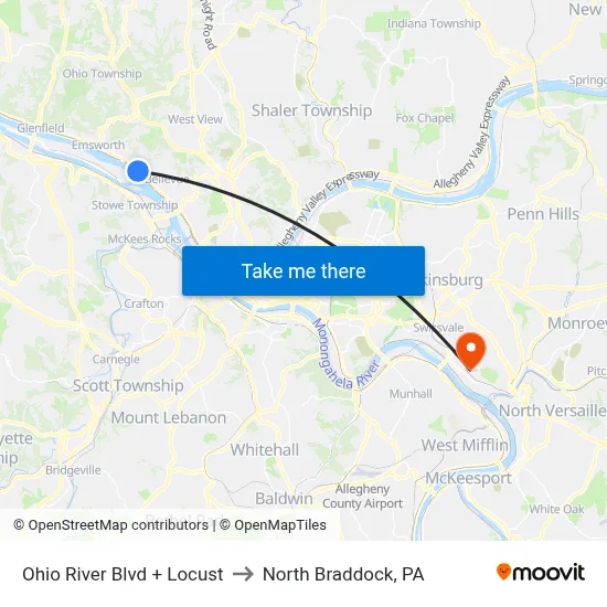 Ohio River Blvd + Locust to North Braddock, PA map